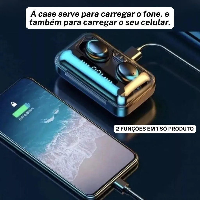 Fone de Ouvido Bluetooth TWS F9-5 – Som premium, bateria de longa duração e resistência à água, tudo com Power Bank integrado para não te deixar na mão!