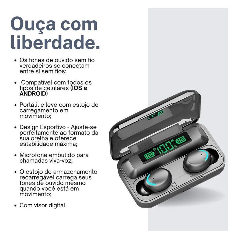 Fone de Ouvido Bluetooth TWS F9-5 – Som premium, bateria de longa duração e resistência à água, tudo com Power Bank integrado para não te deixar na mão!