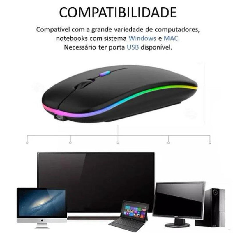 Mouse Sem Fio Óptico Recarregável RGB, USB 2.4GHz: Praticidade, conforto e estilo sem cabos!