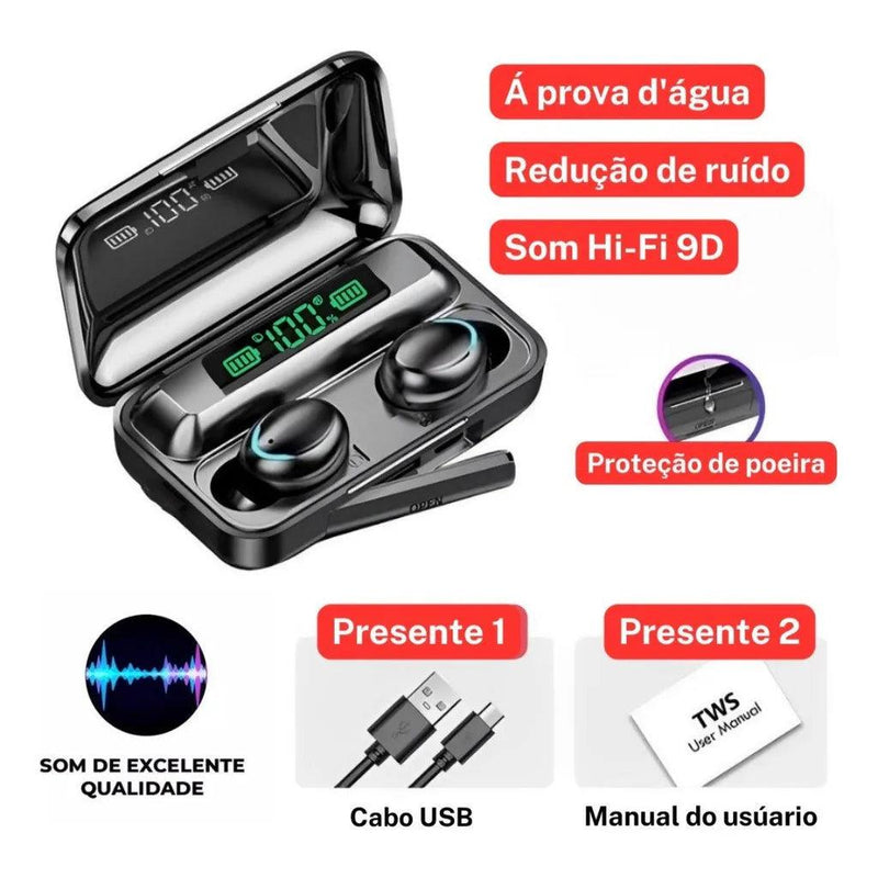 Fone de Ouvido Bluetooth TWS F9-5 – Som premium, bateria de longa duração e resistência à água, tudo com Power Bank integrado para não te deixar na mão!